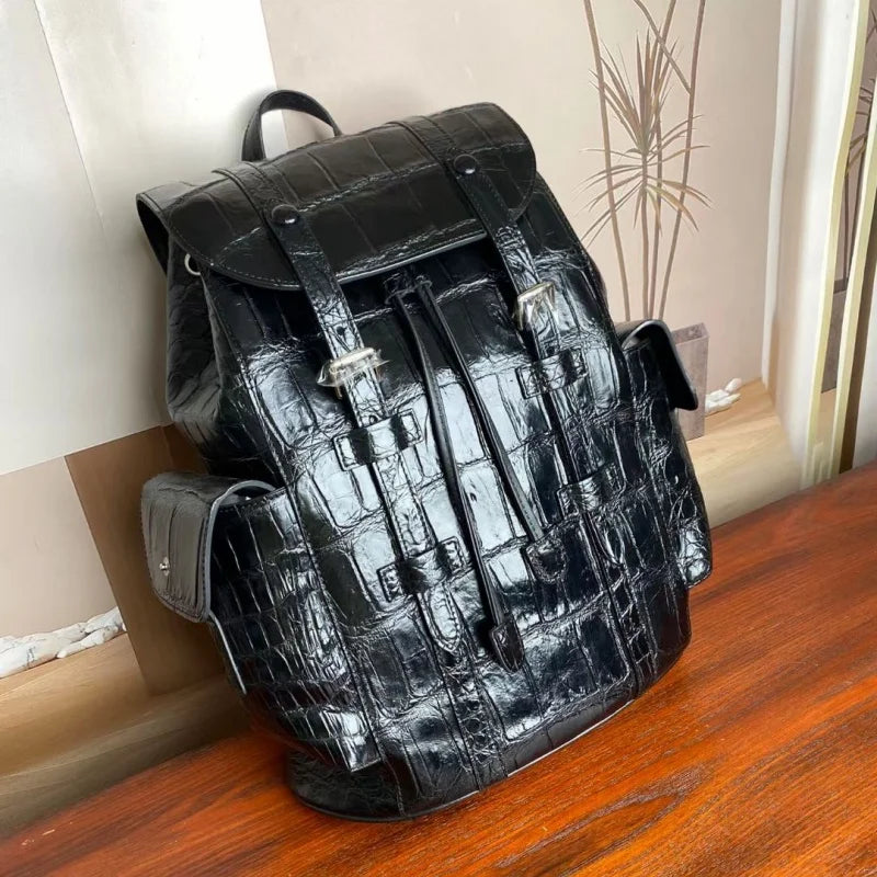Sac à Dos Cuir Croco Noir Homme Cordon 30x38cm – CLEVI Paris