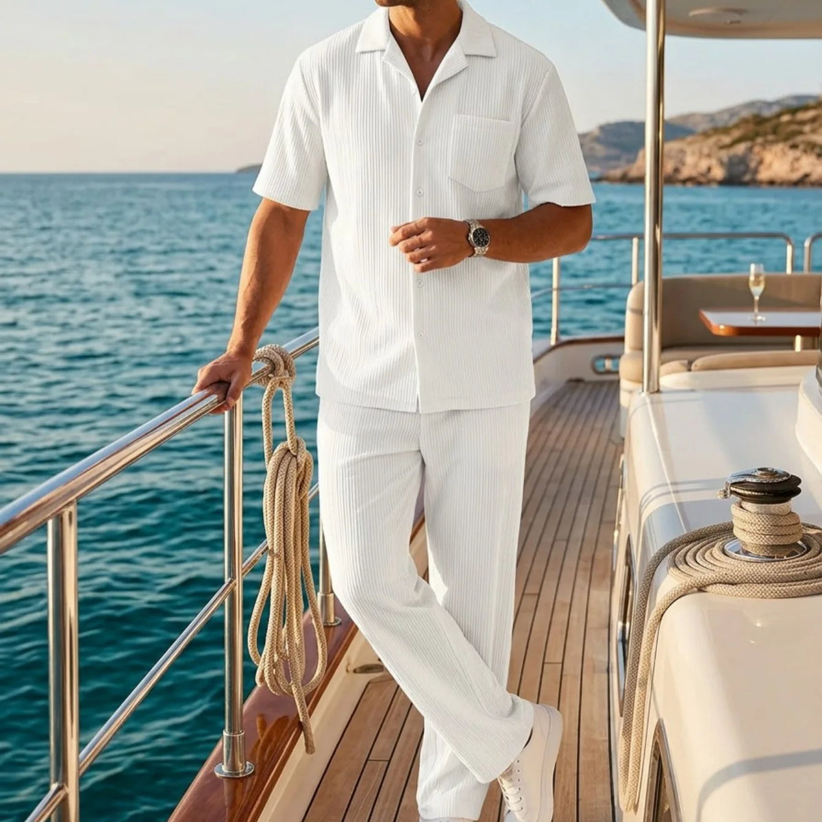 Ensemble Homme Chemise Col Cranté Manches Courtes + Short Cordon Casual Plage Yacht Été 7 Coloris – CLEVI Paris