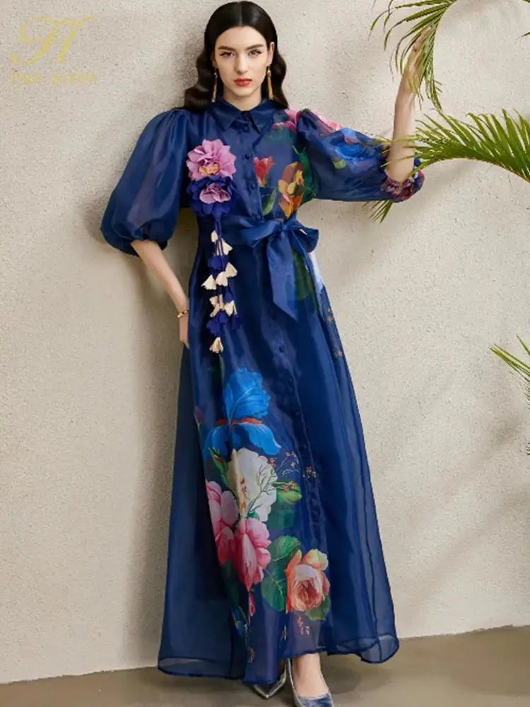 Robe Femme Longue Fleurs 3D Manches Bouffantes Dentelle Style Palace Élégante – CLEVI Paris