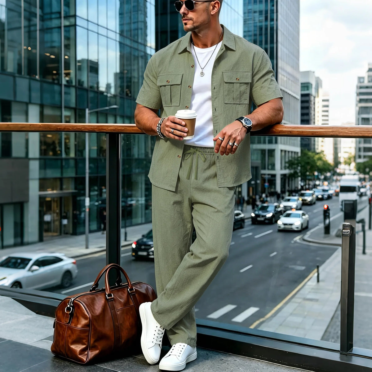 Ensemble Homme Chemise Lin Manches Courtes Double Poches + Pantalon Taille Élastique Style Safari Plage Été – CLEVI Paris