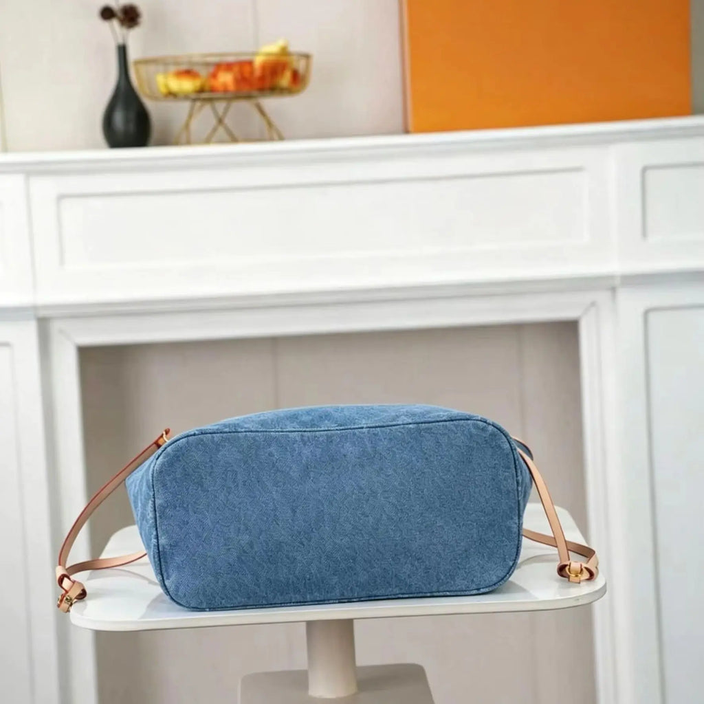 Grand Sac Cabas Femme Denim Lavé Bleu Bordures Cuir Mini Pochette Détachable – CLEVI Paris