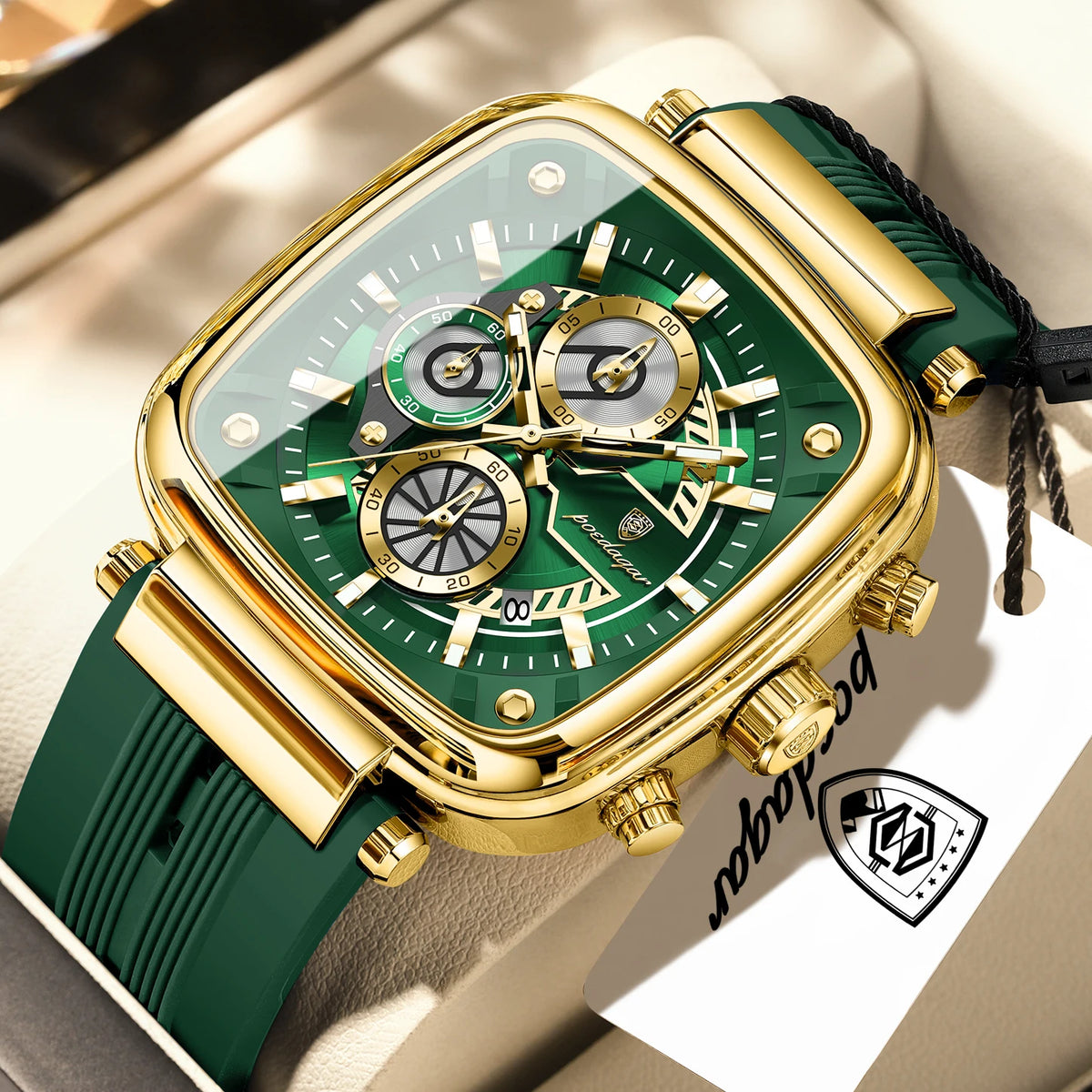 POEDAGAR 849 Montre Homme Quartz Carrée Chronographe Silicone Lumineux 30M – CLEVI Paris