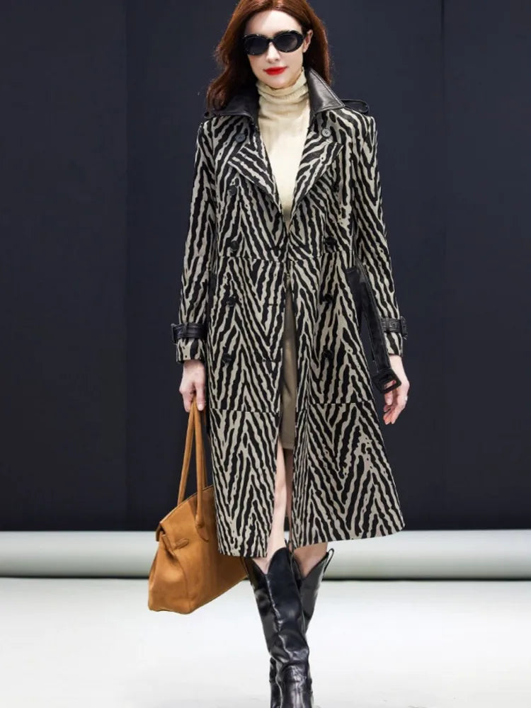 Trench femme cuir de mouton zébré ceinturé – CLEVI Paris
