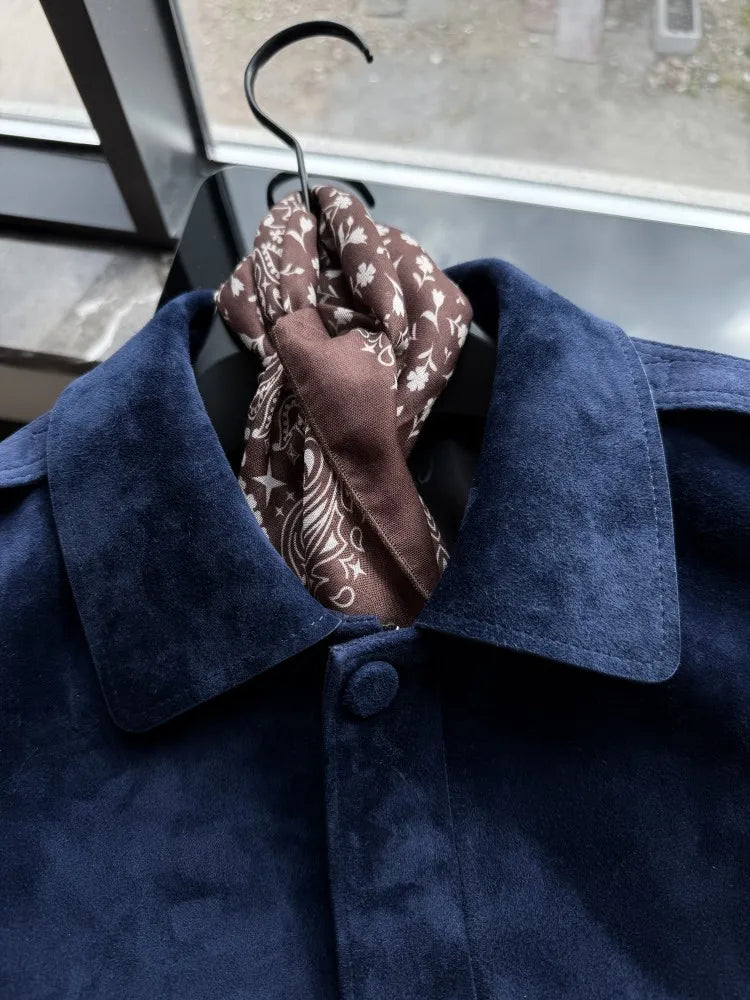 Veste homme en cuir bleu profond à col rabattu – CLEVI Paris