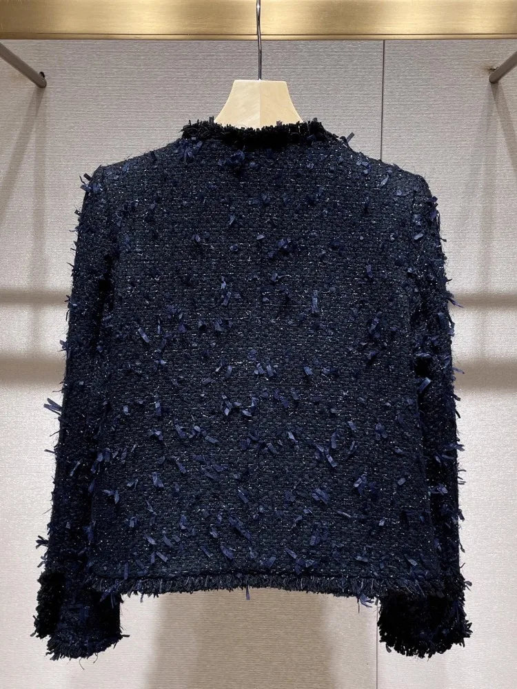 Veste femme en tweed bleu à col rond – CLEVI Paris