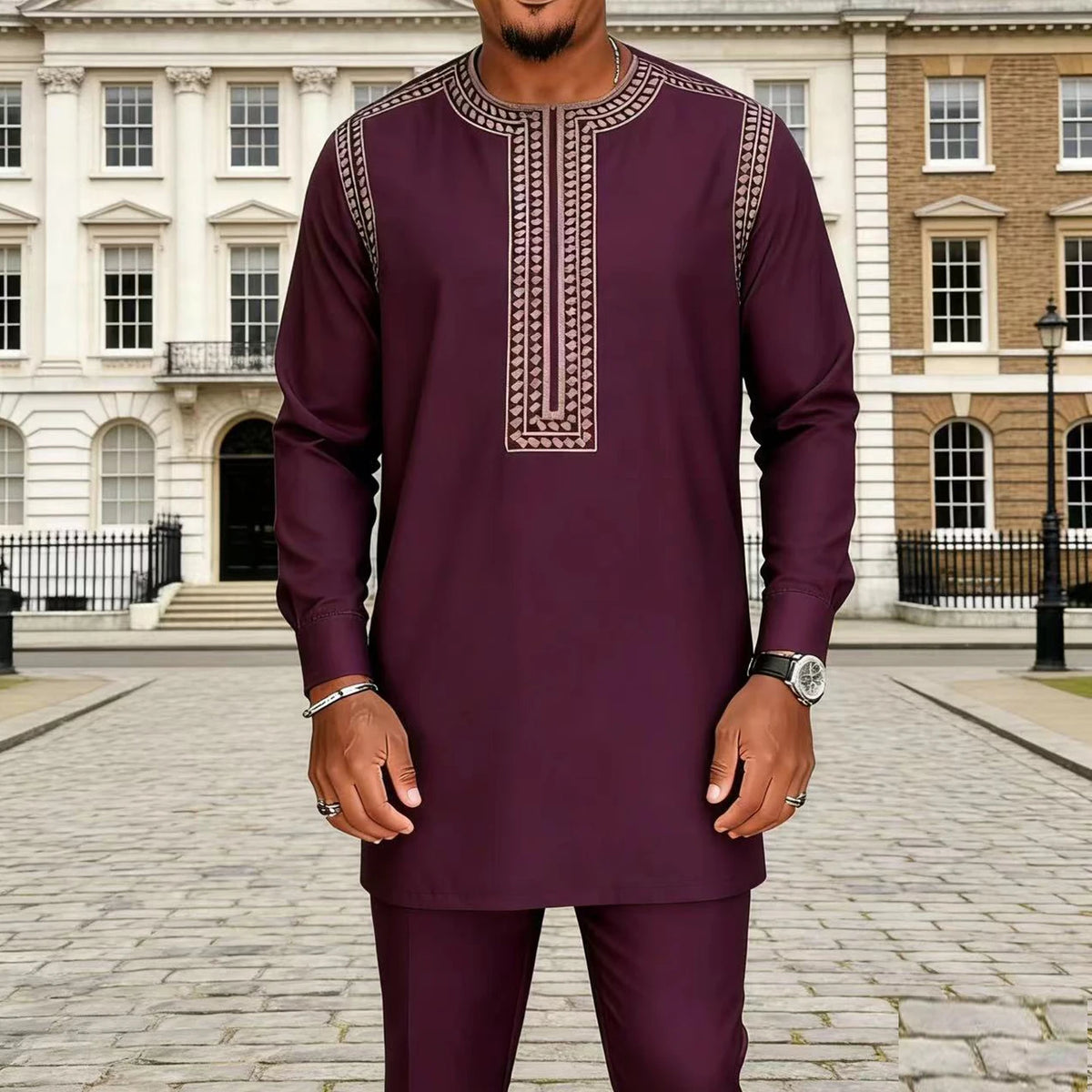 Ensemble Kaftan Africain Homme 2 Pièces – Costume Brodé Manches Longues – CLEVI Paris