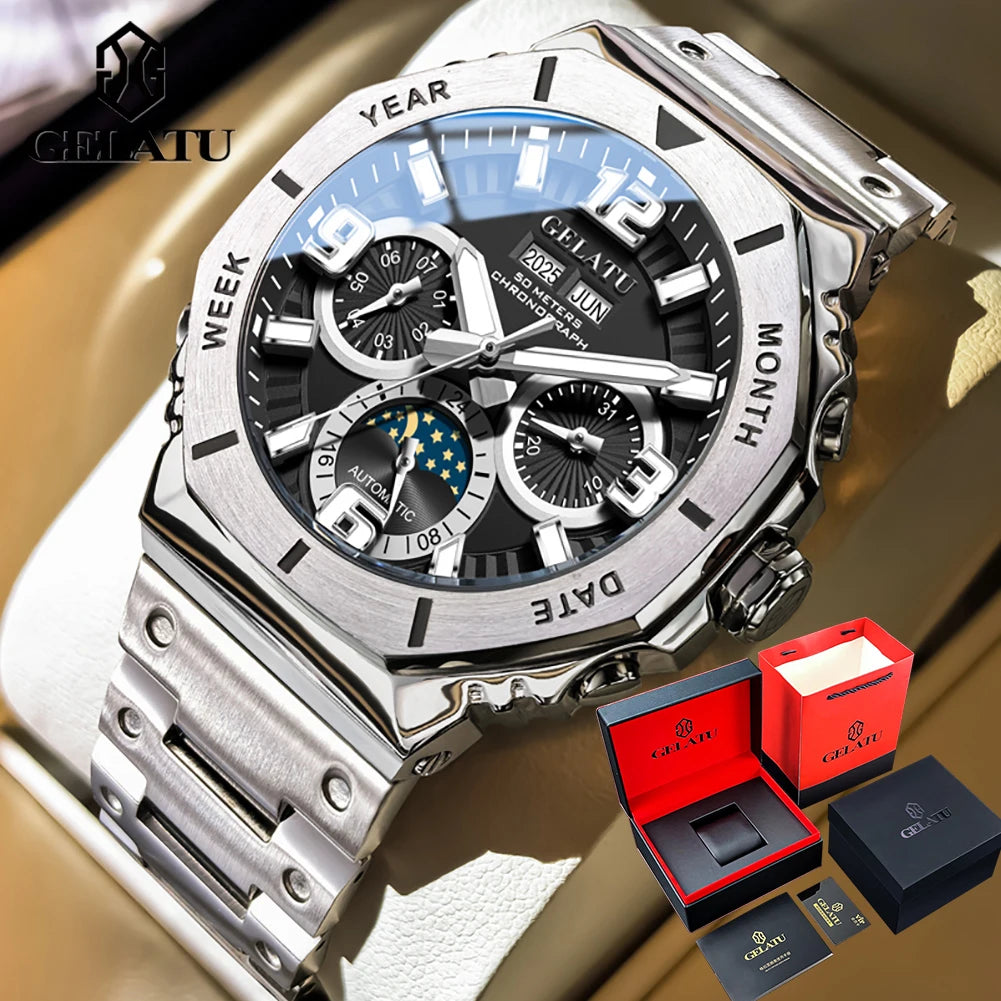 GELATU 6030 Montre Homme Automatique Phase de Lune Saphir Acier 316L 50M – CLEVI Paris