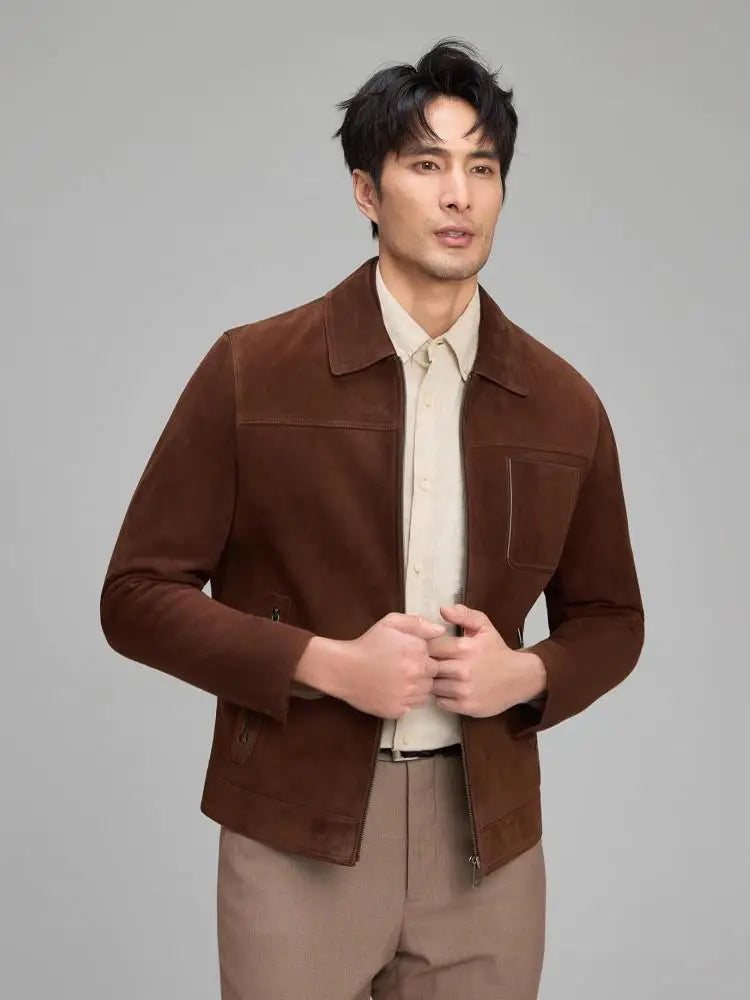 Blouson homme marron aspect daim zippé – CLEVI Paris