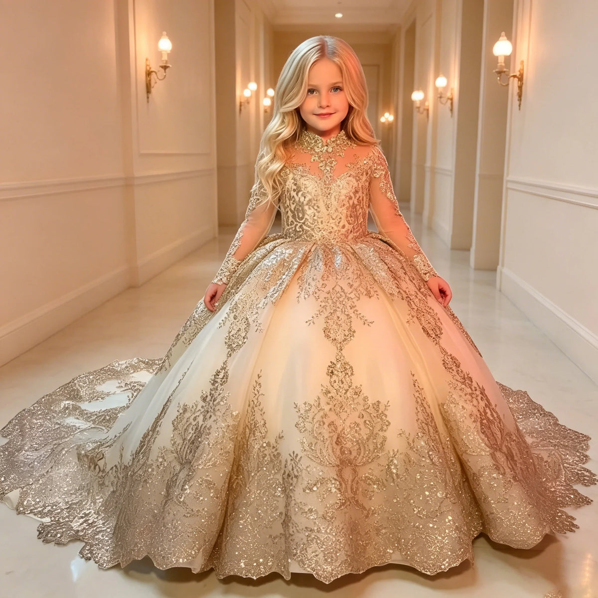 Robe fille à appliques et manches longues ZHJ – CLEVI Paris