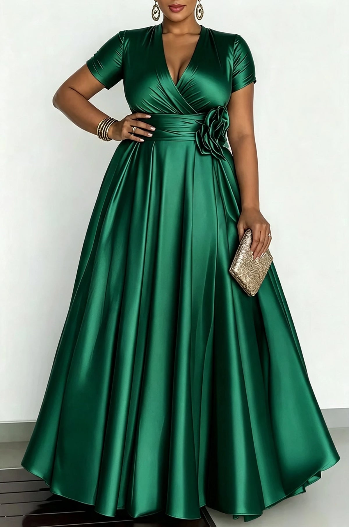 Robe de soirée satinée à fleur 3D – CLEVI Paris