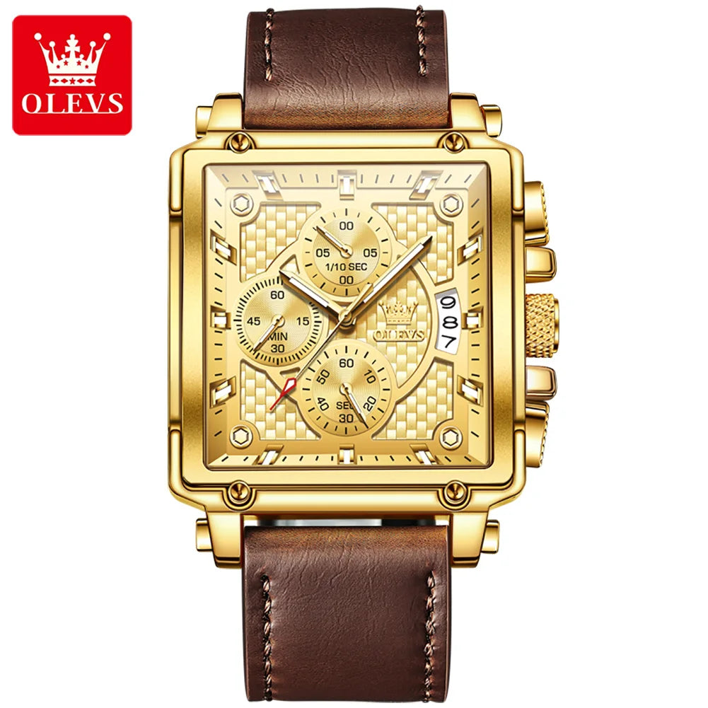 OLEVS 9925 Montre Homme Quartz Carrée Chronographe Date Lumineux Cuir 30M – CLEVI Paris