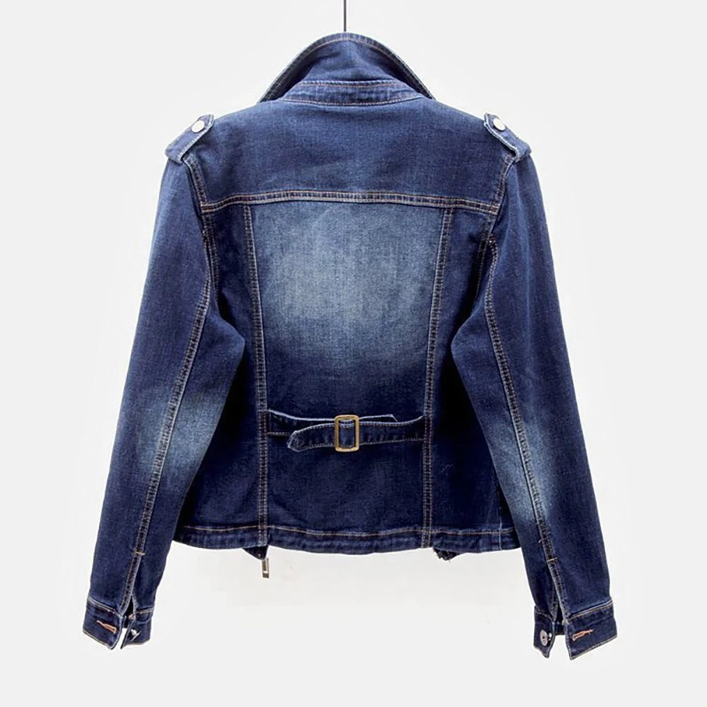 Veste biker en jean femme à col revers – CLEVI Paris