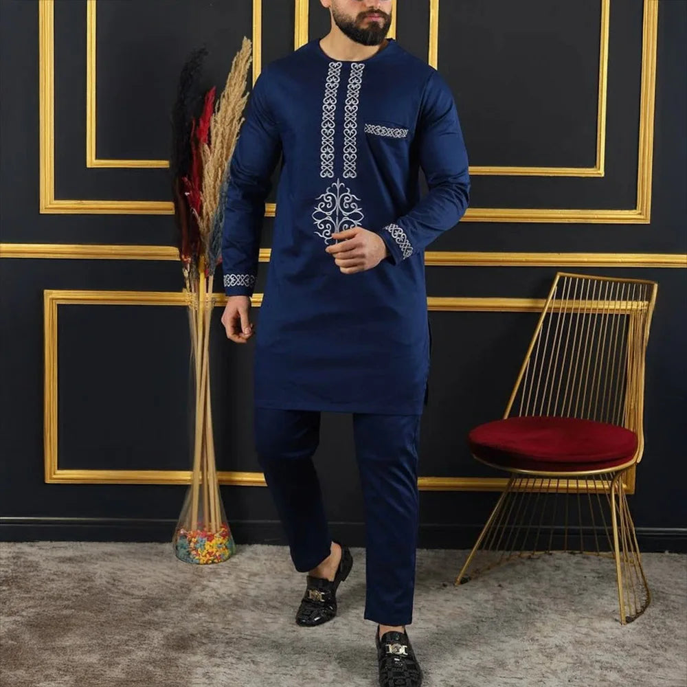 Ensemble 2 Pièces Homme Style Africain Chemise Manches Longues Col Rond + Pantalon Cordon Élégant XS-XXL – CLEVI Paris