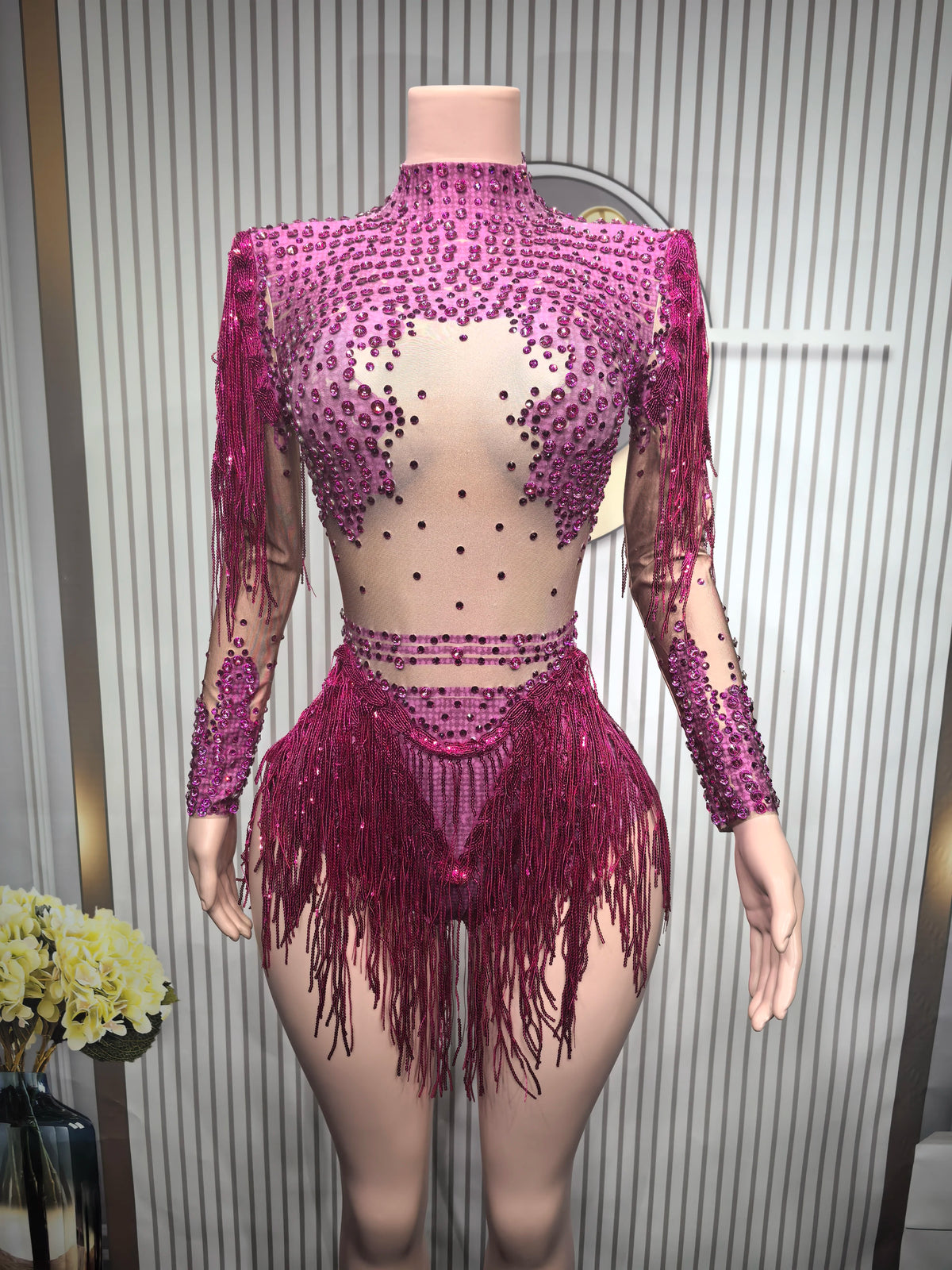 Justaucorps Scénique Femme Épaule Asymétrique Strass & Franges – CLEVI Paris