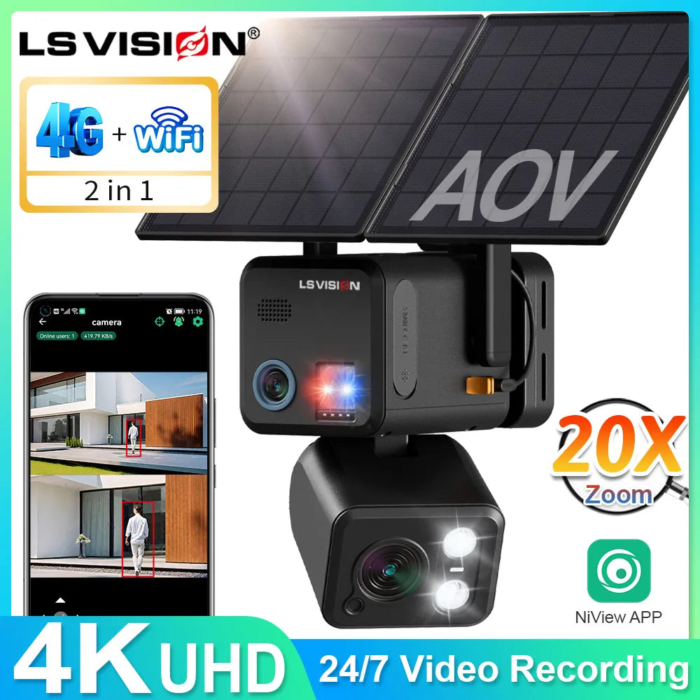 Caméra Solaire LS VISION 4K AOV Double Objectif Zoom 20x 4G+Wi-Fi Suivi IA 24/7 IR 50m IP66 NiView – CLEVI Paris