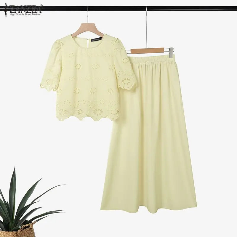 Ensemble 2 Pièces Femme Top Brodé Ajouré Manches Courtes Jupe Longue A-Line Style Bohème Été – CLEVI Paris