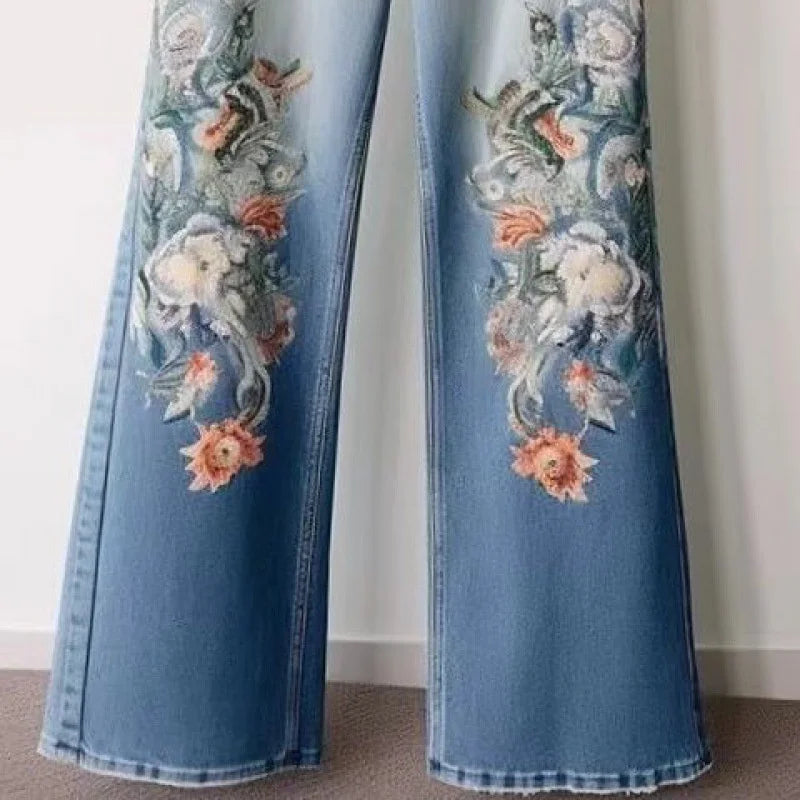 Jean Femme Flare Brodé Taille Mi-Haute Denim Casual Automne Hiver – CLEVI Paris