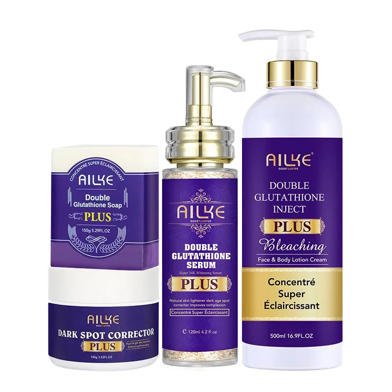 Gamme Double Glutathion PLUS AILKE – Sérum 24K Or, Lotion, Savon & Crème Anti-Taches – CLEVI Paris