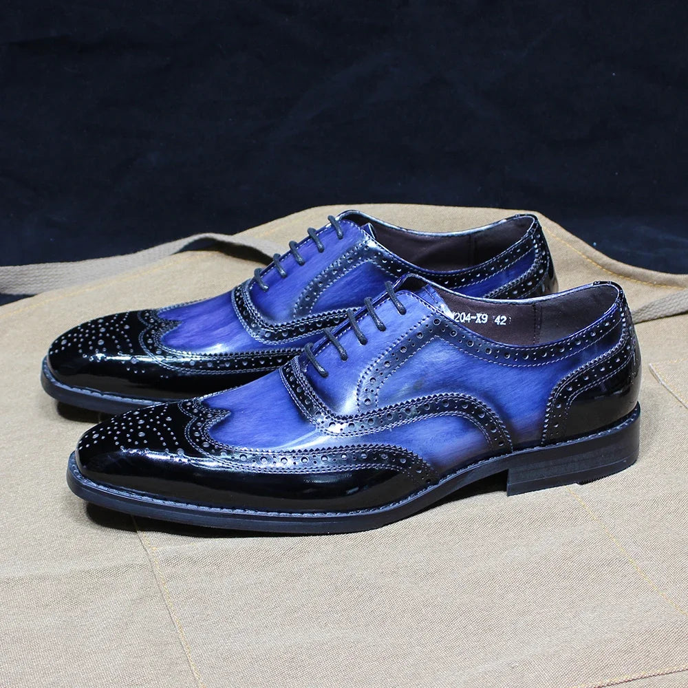 Oxford homme en cuir verni bleu à lacets – CLEVI Paris