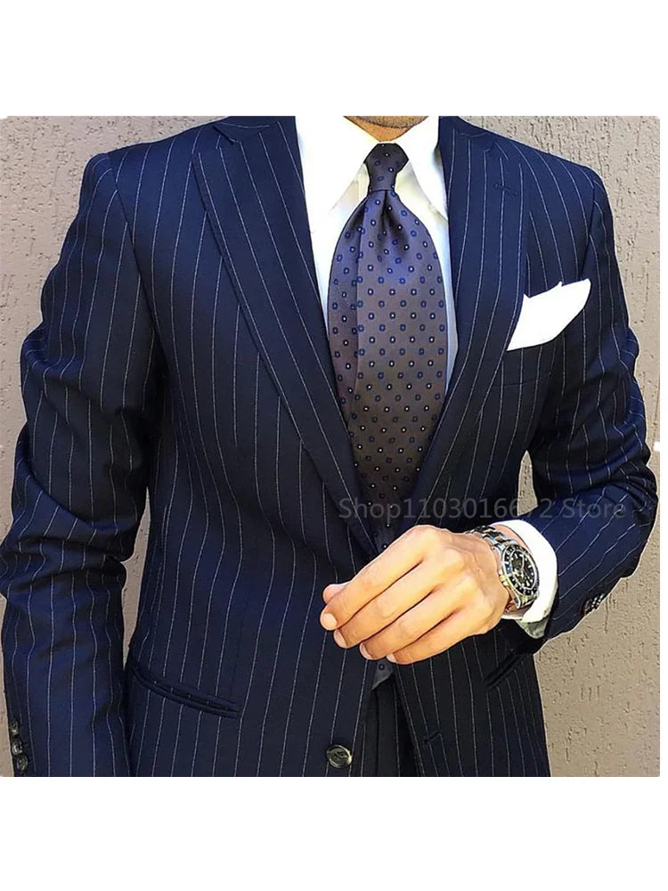 Costume 2 Pièces Homme Bleu Marine Rayures Revers Cranté Slim Fit – CLEVI Paris