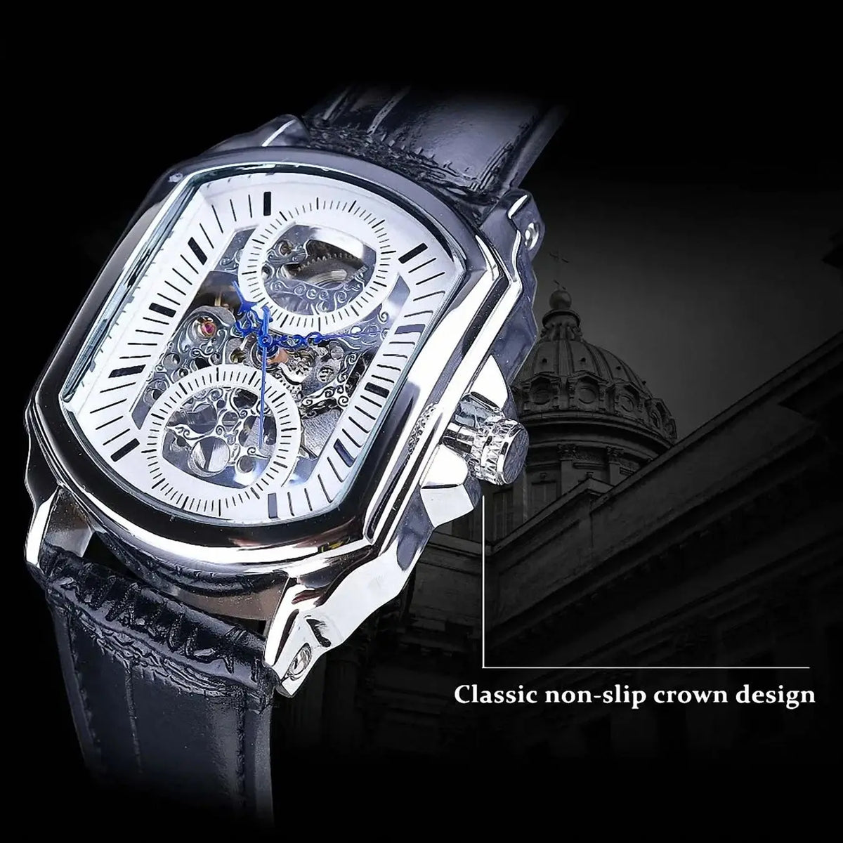FORSINING Montre Homme Automatique Squelette Rectangle Cuir Aiguilles Bleues – CLEVI Paris