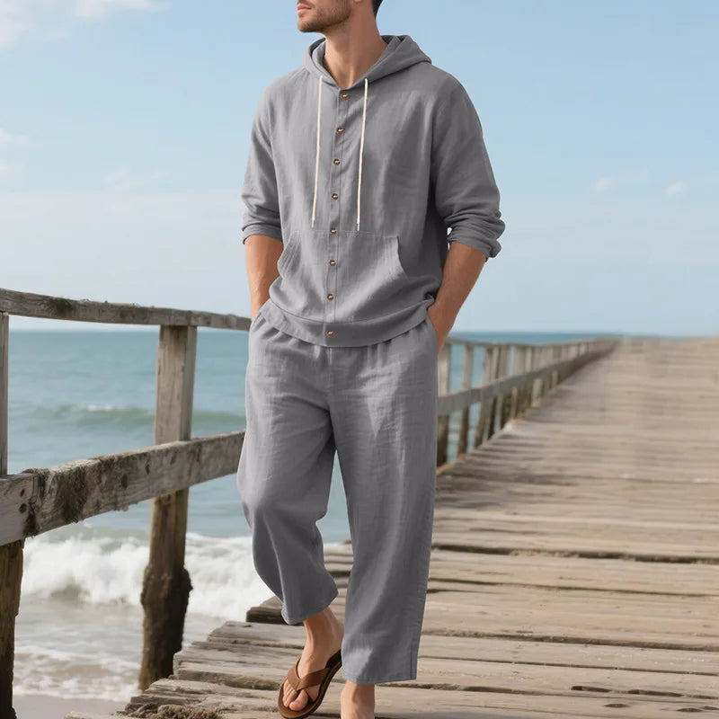 Ensemble Homme Chemise Lin Col V Manches 3/4 + Pantalon Cordon Casual Plage Été 8 Coloris – CLEVI Paris