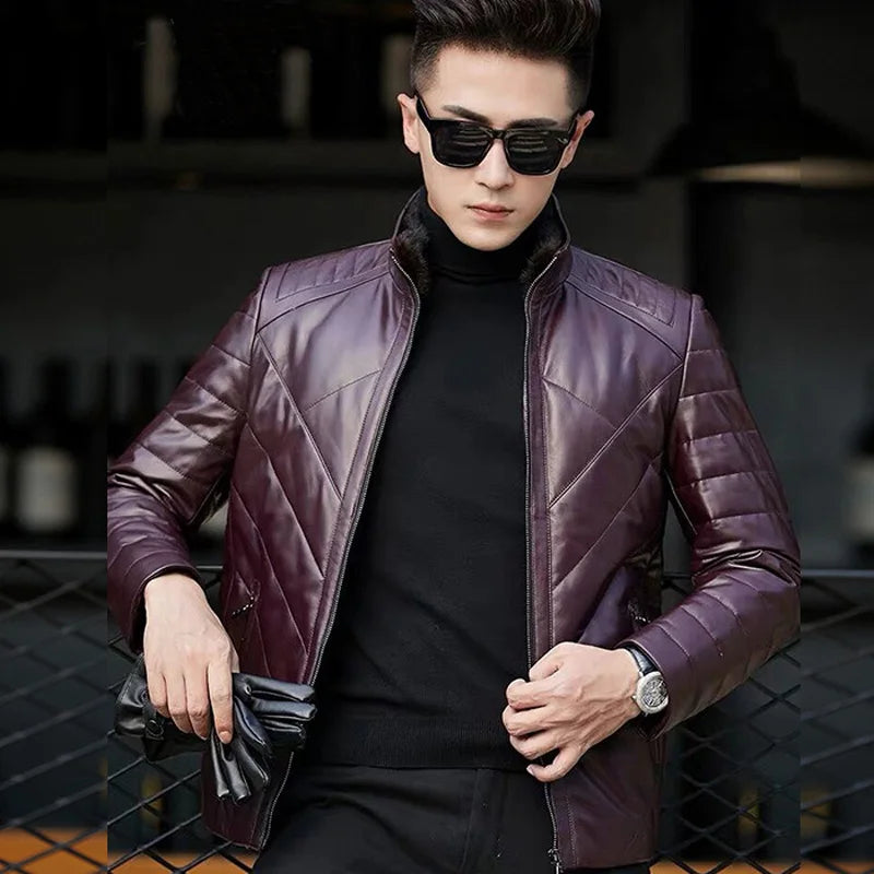 Blouson homme en cuir à surpiqûres et col montant – CLEVI Paris