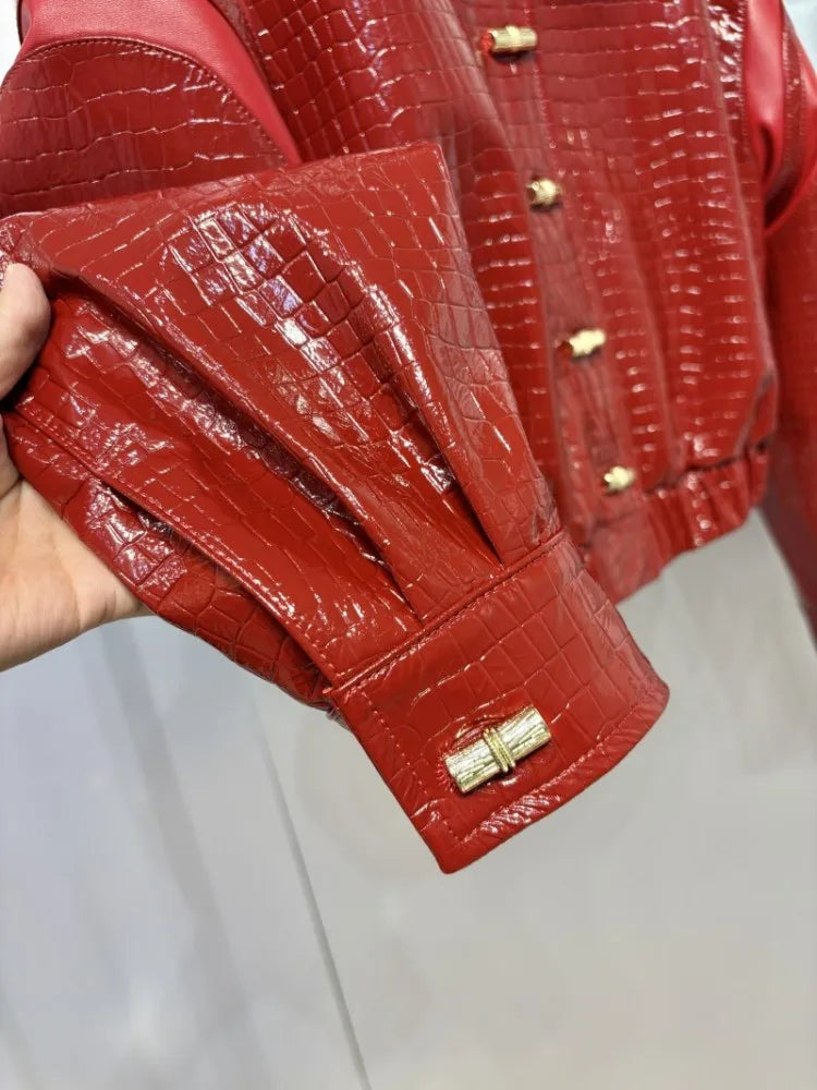 Veste courte femme en cuir effet crocodile – CLEVI Paris