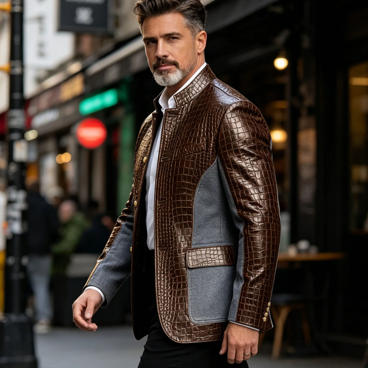 Blazer en cuir PU de luxe marron pour homme, effet croco, patchwork denim, col montant, coupe ajustée, idéal pour affaires, décontracté ou soirée