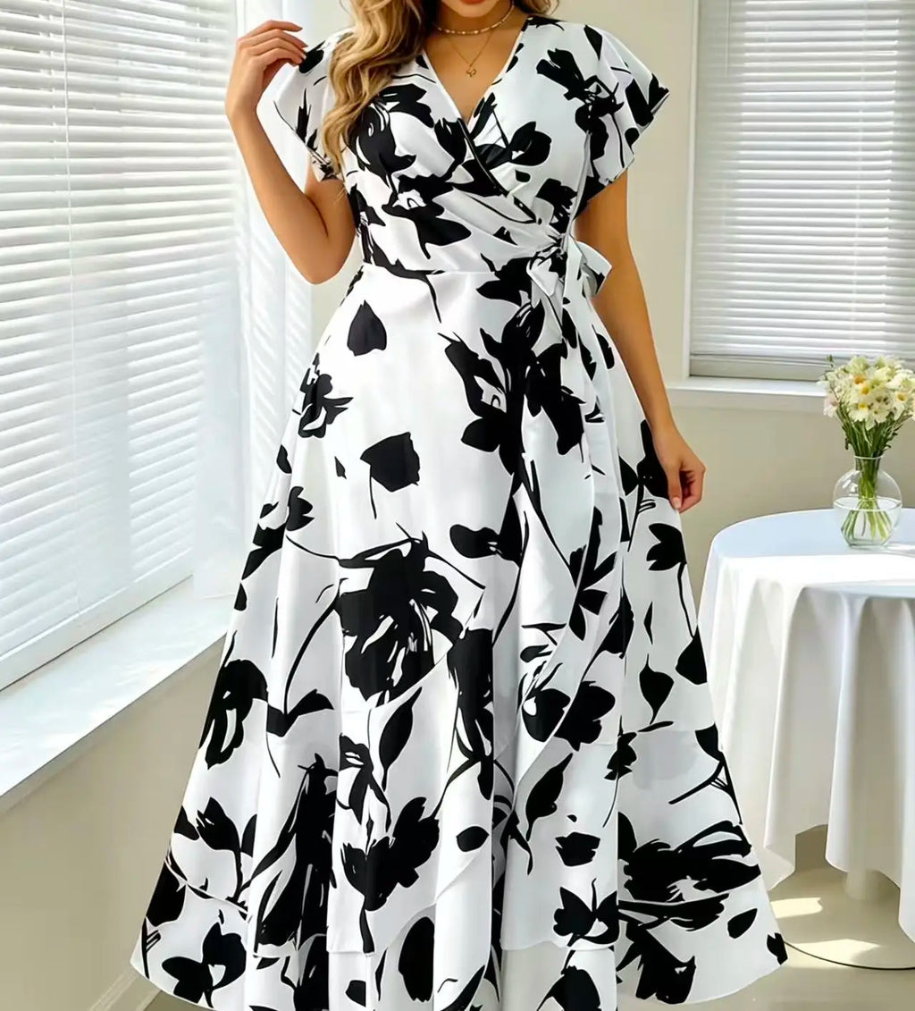 Robe Midi Portefeuille Grande Taille Femme Florale Noir & Blanc Col V Nœud – CLEVI Paris