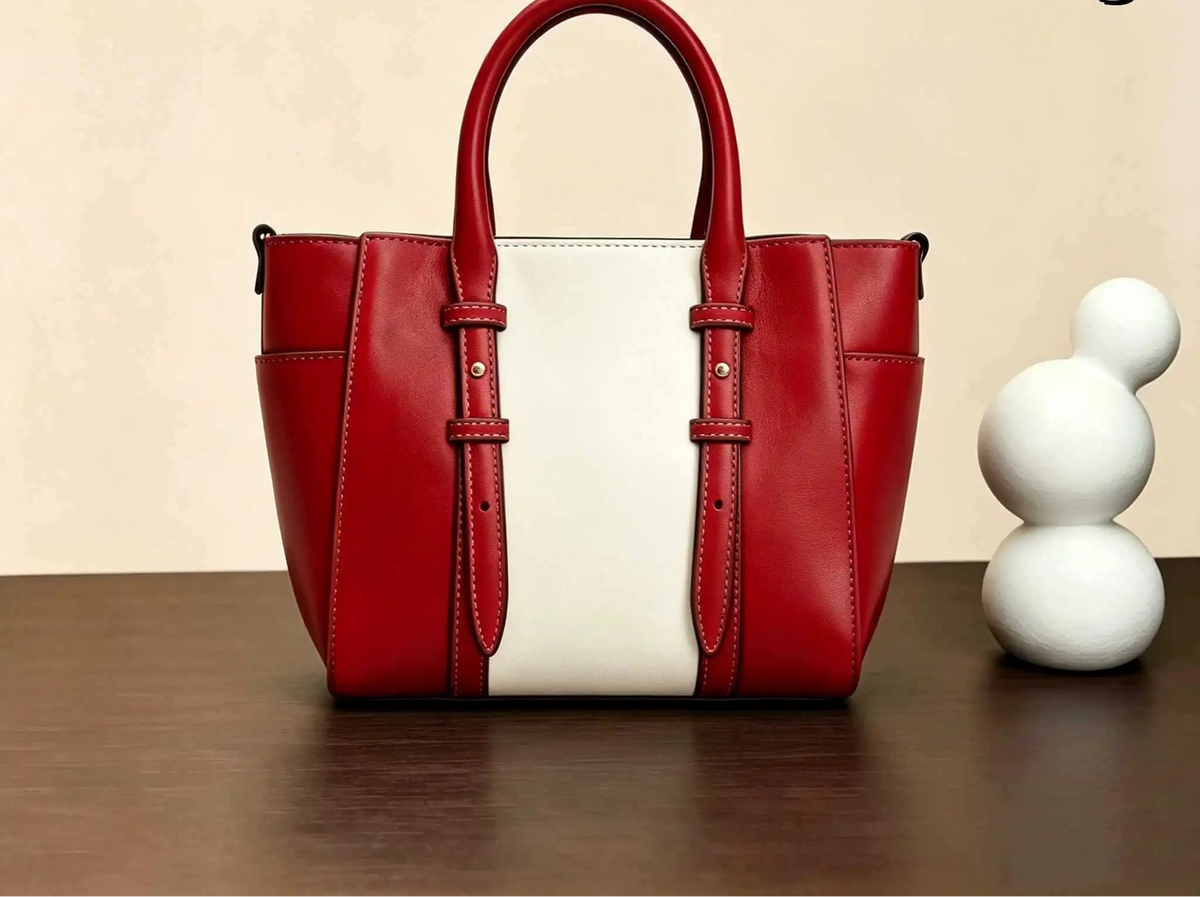 Sac Cabas Femme Cuir Véritable Léger Beige & Rouge – CLEVI Paris