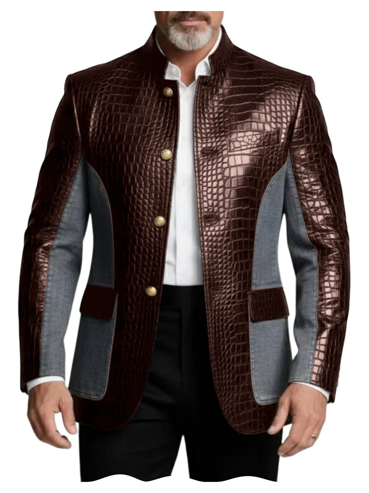 Blazer en cuir PU de luxe marron pour homme, effet croco, patchwork denim, col montant, coupe ajustée, idéal pour affaires, décontracté ou soirée