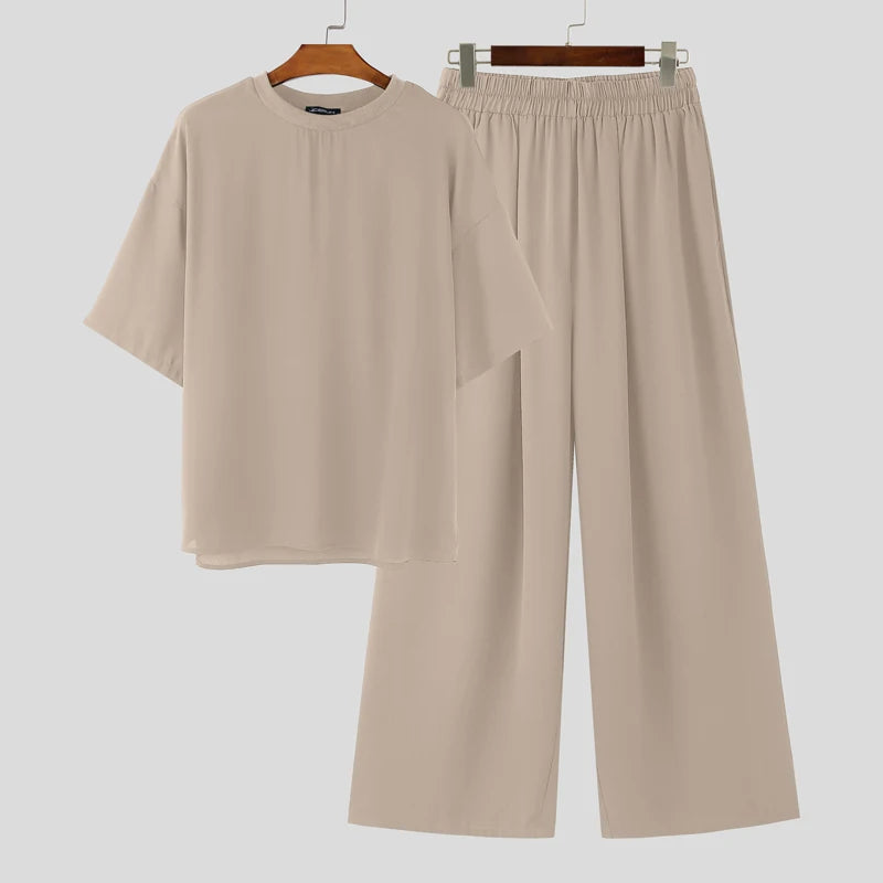 Ensemble Homme T-Shirt Col Rond + Pantalon Loose Streetwear Casual – CLEVI Paris