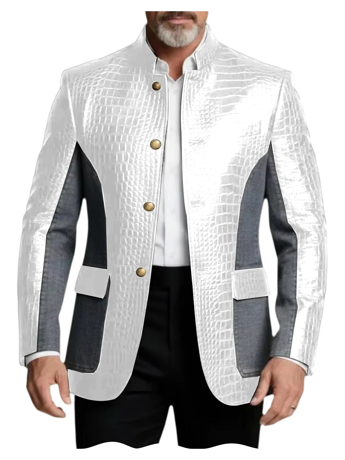 Blazer en cuir PU de luxe marron pour homme, effet croco, patchwork denim, col montant, coupe ajustée, idéal pour affaires, décontracté ou soirée