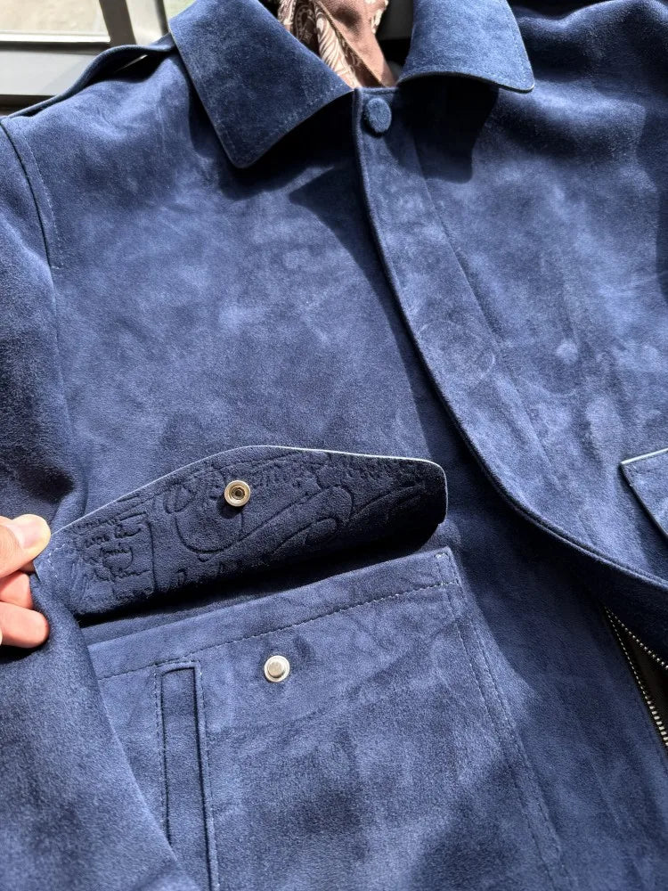 Veste homme en cuir bleu profond à col rabattu – CLEVI Paris