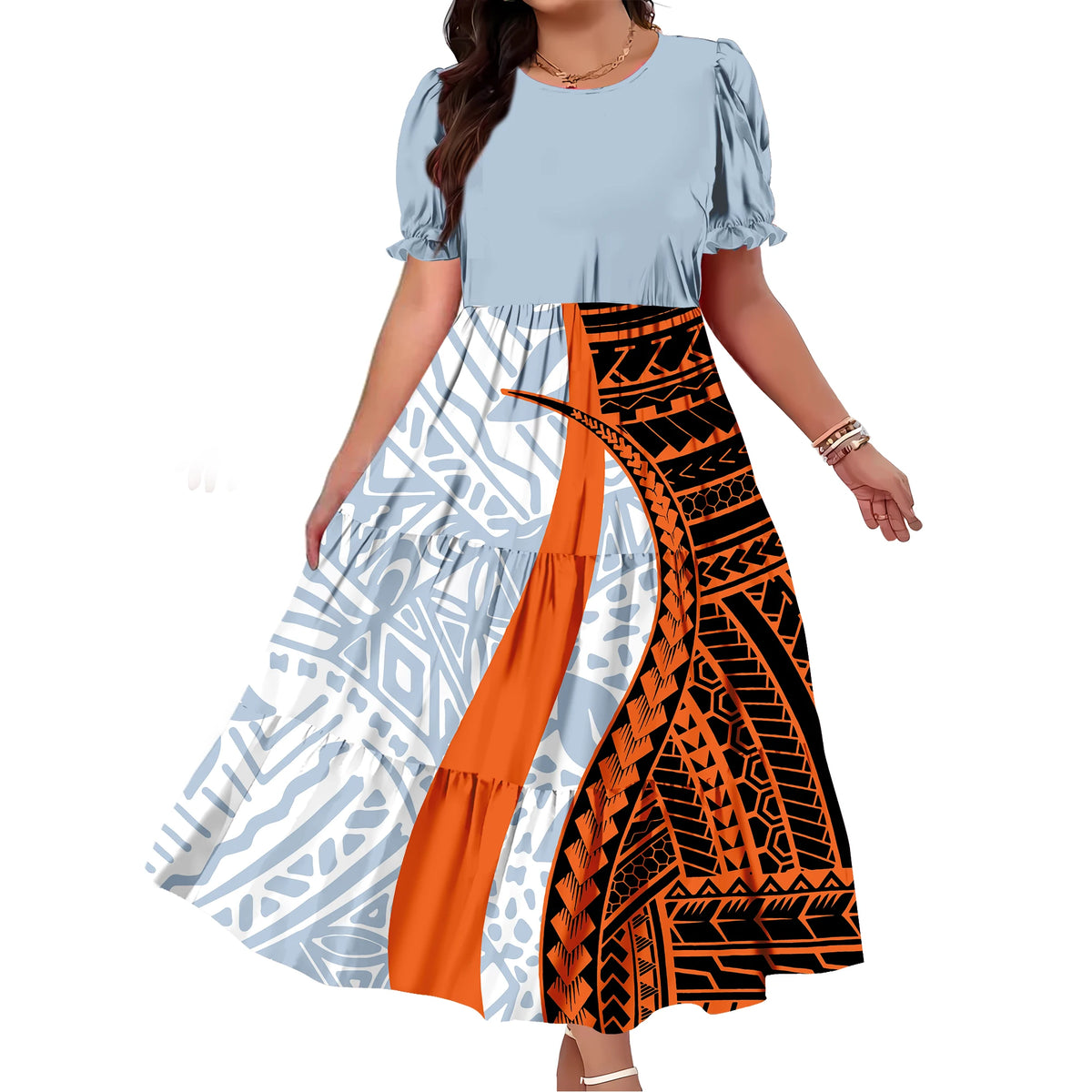 Robe Femme Longue Imprimé Polynésien Manches Bouffantes Ample Élégante – CLEVI Paris