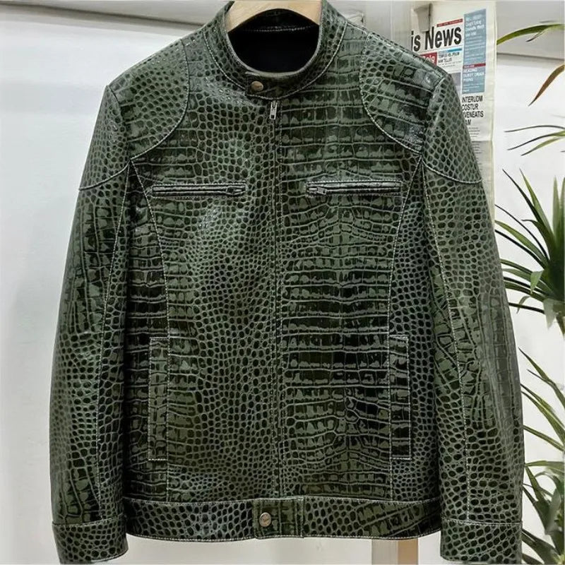 Blouson homme en cuir vert motif crocodile – CLEVI Paris