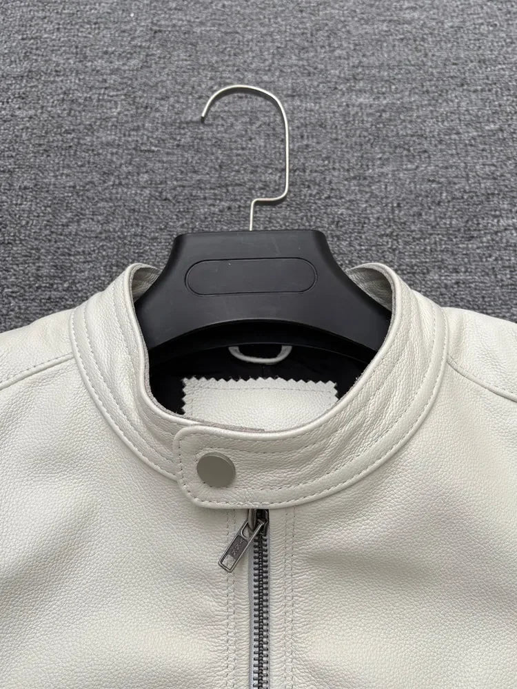 Veste homme en cuir ivoire à col montant – CLEVI Paris