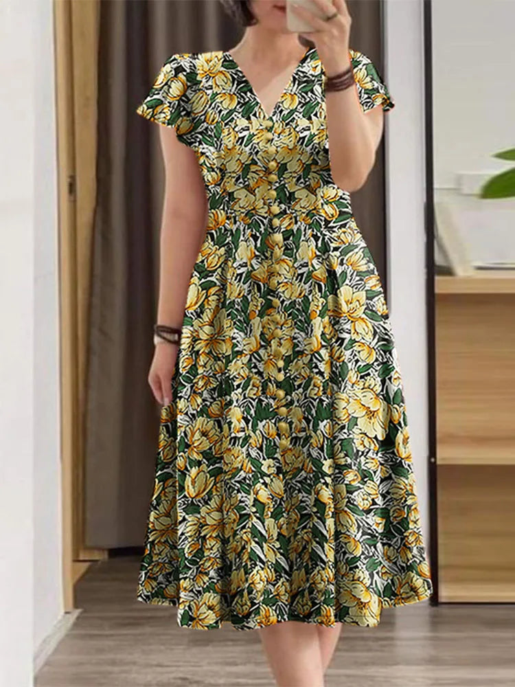 Robe Femme Col V Imprimé Floral Manches Papillon Volants Taille Cintrée Bohème – CLEVI Paris