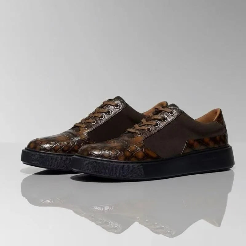 Sneakers Cuir Crocodile Homme Casual Marron Lacets – CLEVI Paris