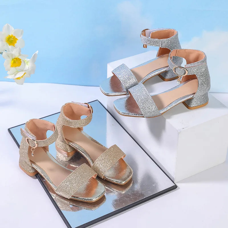 Sandales enfant à paillettes et talon bas – CLEVI Paris