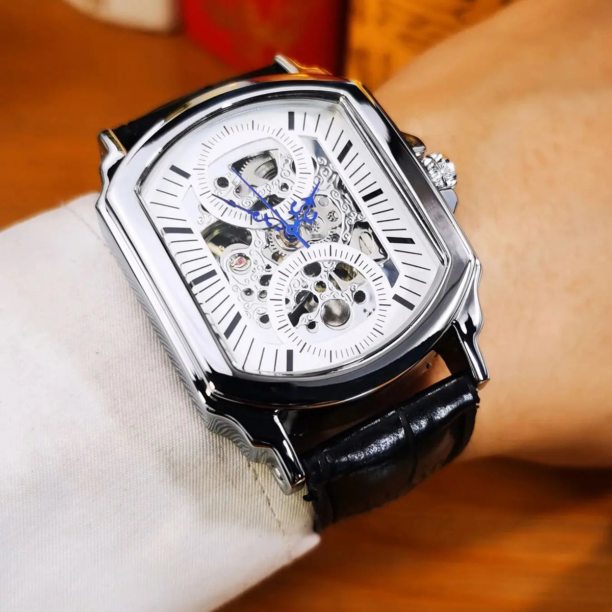 FORSINING Montre Homme Automatique Squelette Rectangle Cuir Aiguilles Bleues – CLEVI Paris