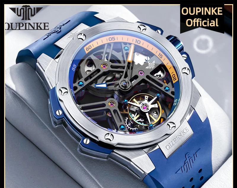 OUPINKE 8003 Montre Homme Tourbillon Automatique Saphir Silicone Bicolore 5ATM – CLEVI Paris