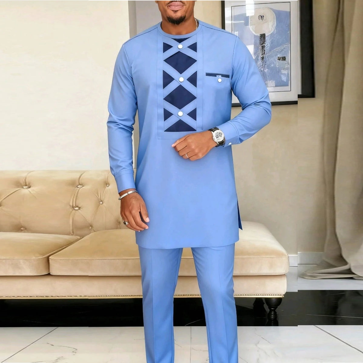 Ensemble Kaftan Homme Col Rond Manches Longues Tenue Africaine Traditionnelle 2 Pièces – CLEVI Paris