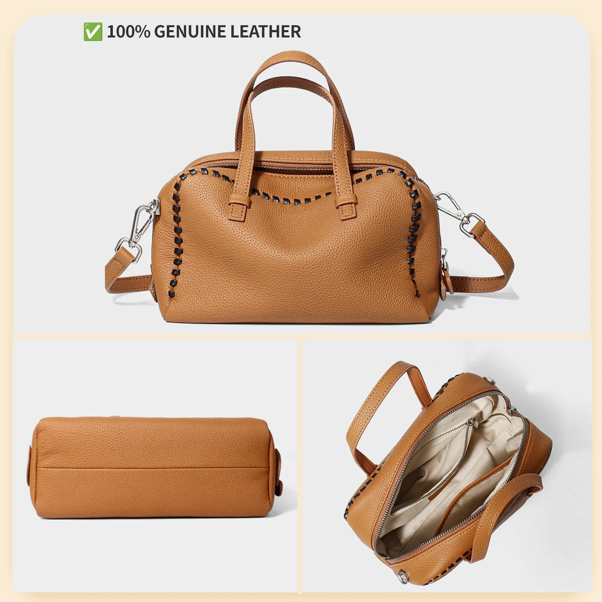 Sac Seau Cuir Véritable 100% Femme 23x10x14cm Bandoulière 118cm – CLEVI Paris