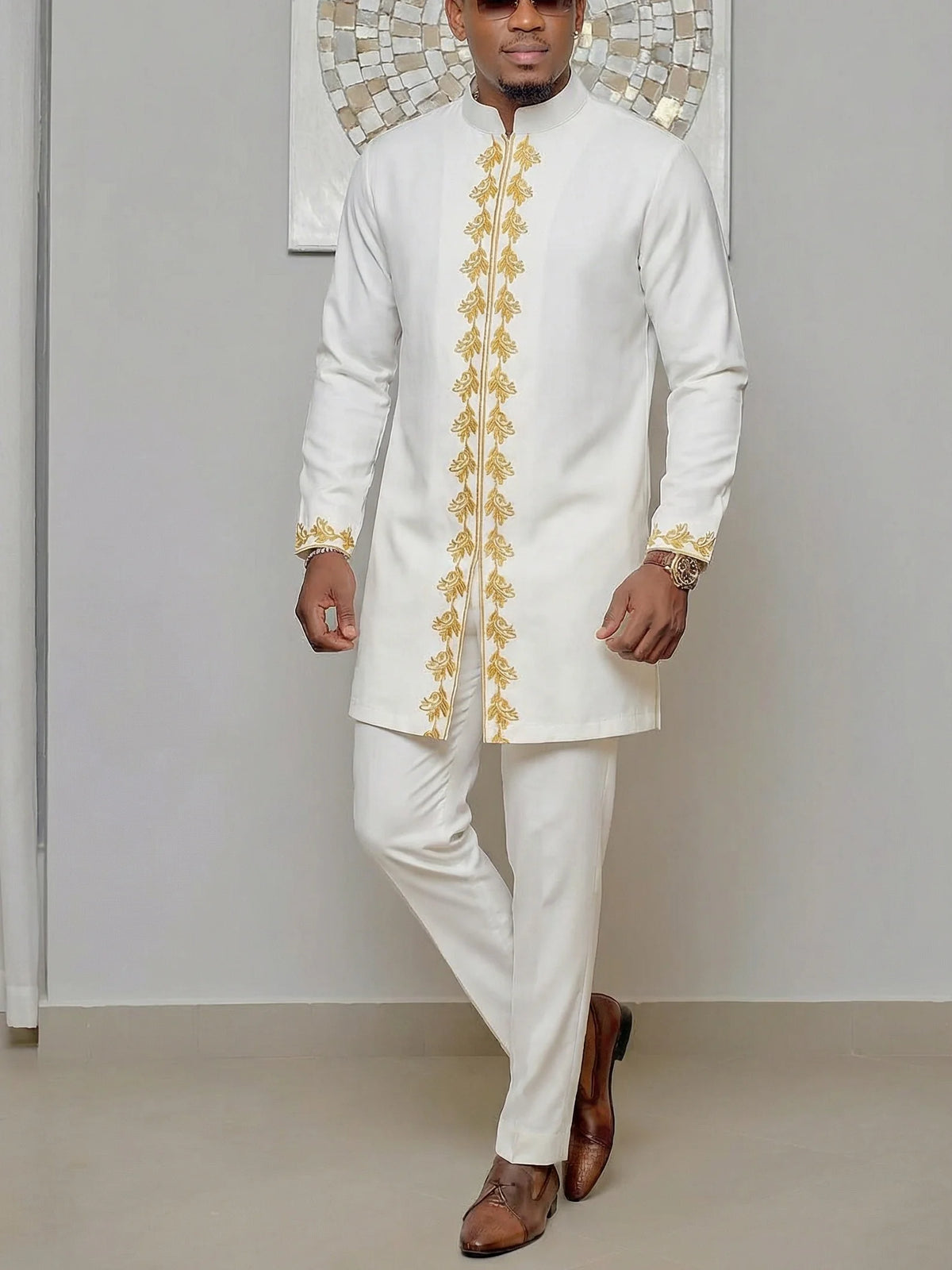 Ensemble Kaftan Homme Col Rond Manches Longues Tenue Africaine Traditionnelle 2 Pièces – CLEVI Paris
