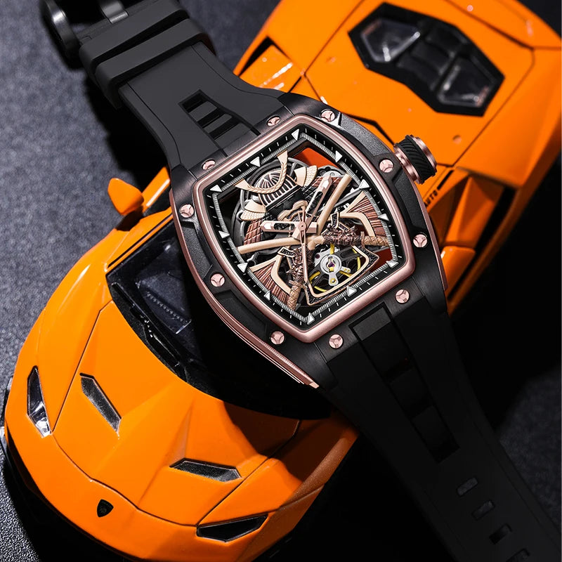 MEGIR 198-5 Montre Homme Automatique Squelette Tourbillon Silicone Lumineux 30M – CLEVI Paris