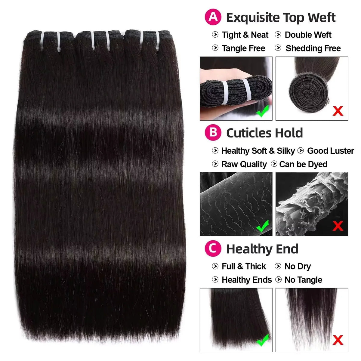 Mèches Straight & Body Wave 100% Remy Hair Brésilien 10A 1/2/3/4 Bundles 14-34 Pouces – CLEVI Paris