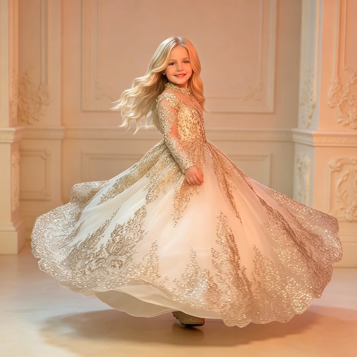 Robe fille à appliques et manches longues ZHJ – CLEVI Paris