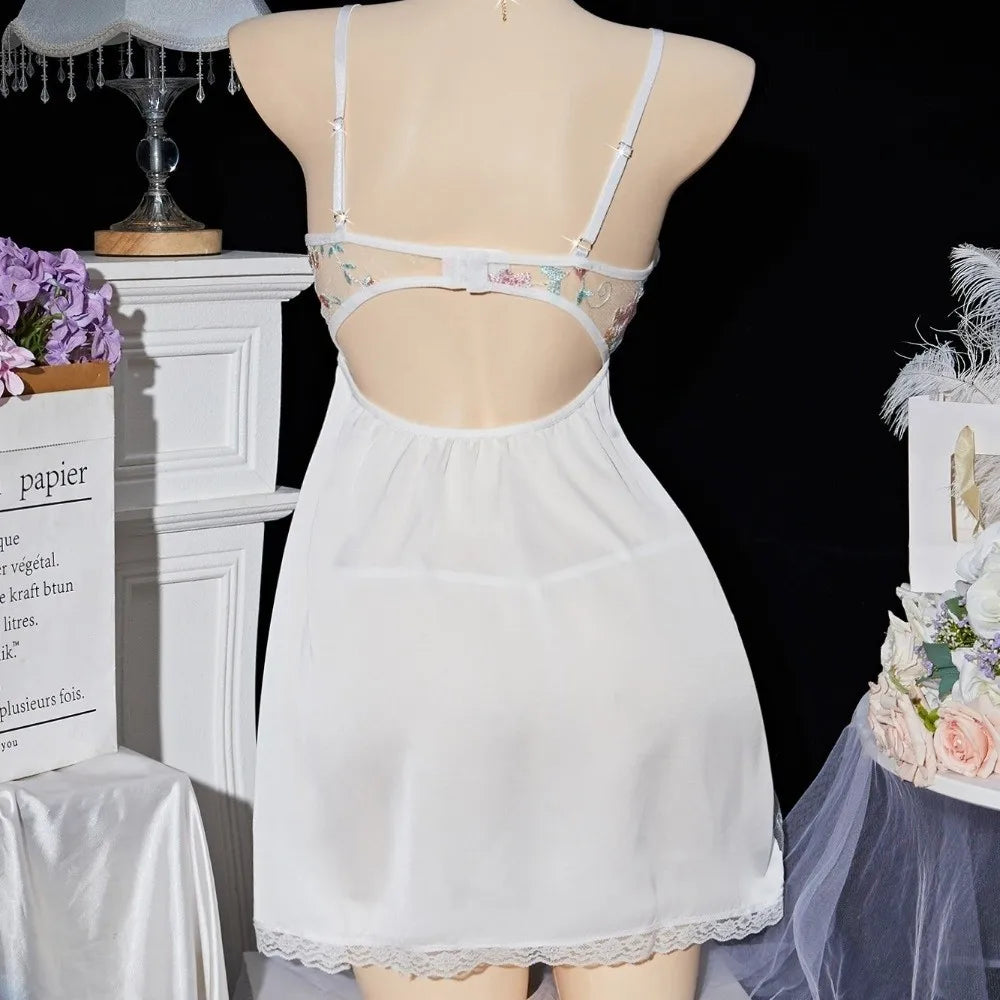Nuisette Dentelle Nœud Mesh Transparent Soie Glacée Femme Robe de Nuit Brodée Sans Manches S-XL – CLEVI Paris